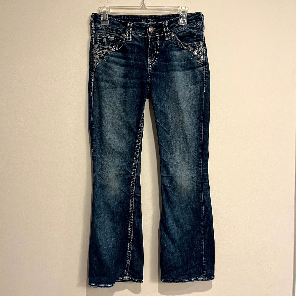 Silver Jeans Y2K Suki Low Rise Bootcut Dark Wash Embellished Size 26